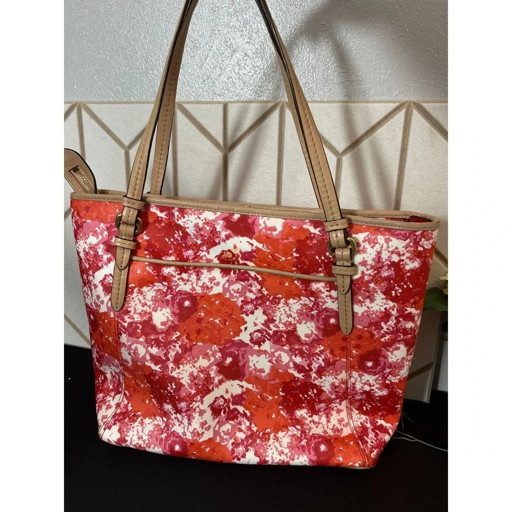 Coach Peyton Floral Print Top Handle Tote Bag Pink‎ Orange White Leather Bag